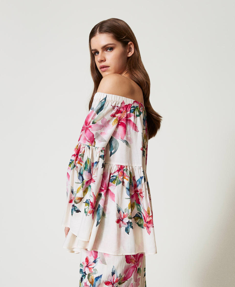 Linen blend blouse with floral print Mother of pearl/Multicolour Stripe Print Woman 251LB2UAA_12198_02