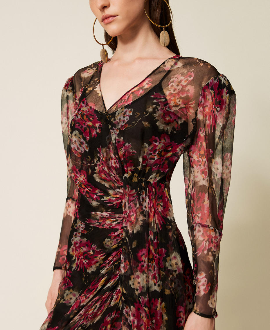Long silk creponne floral dress Black/Magenta Floral Print Woman 252TS2353_13099_04