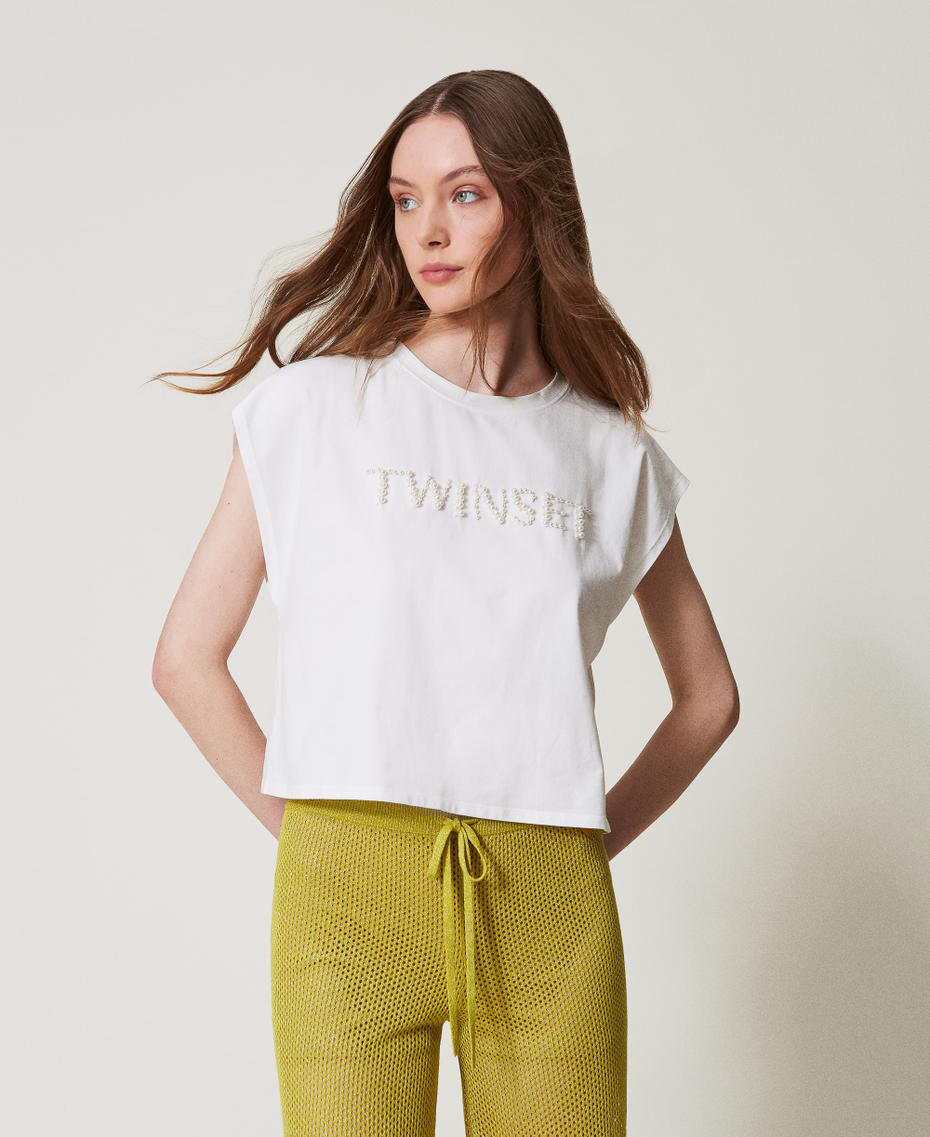 T-shirt con ricamo logo di perle Bianco Sugar Donna 251LM2TAA_00632_01