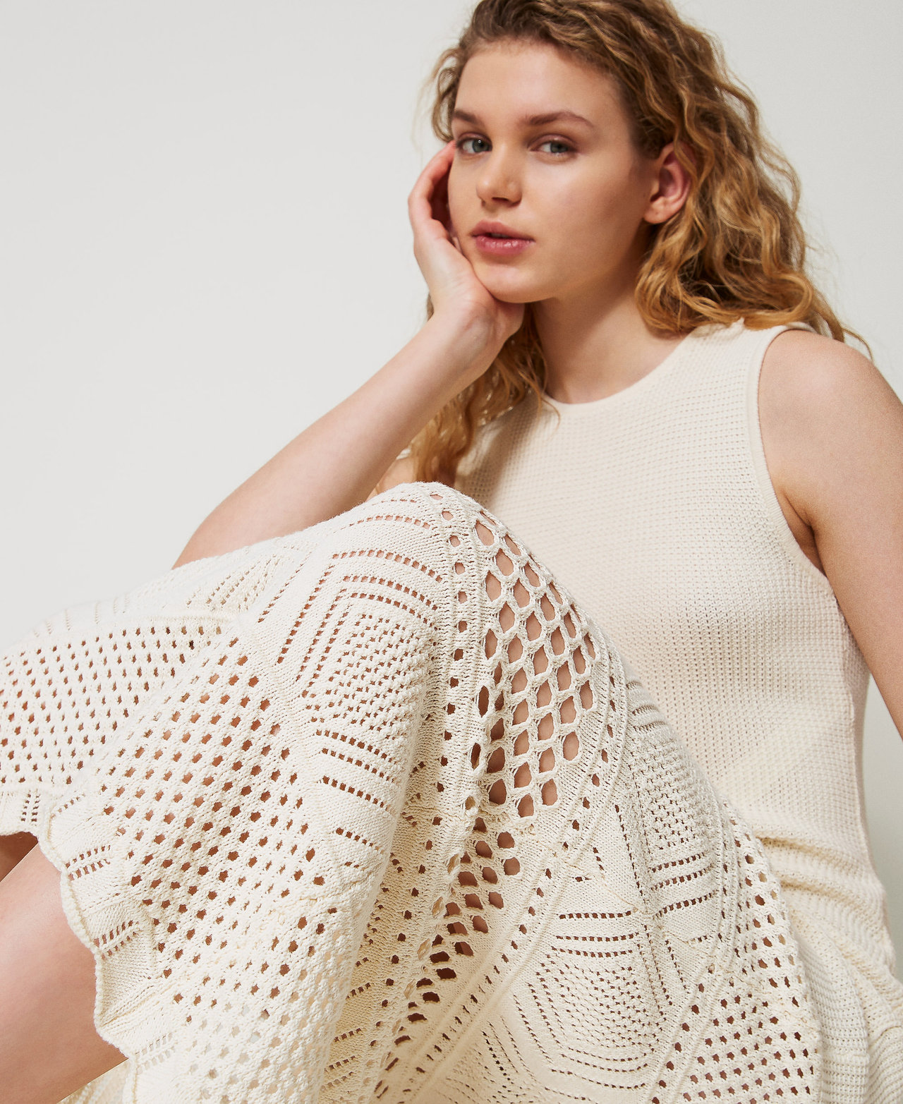 Long openwork knit dress Woman, Beige | TWINSET Milano