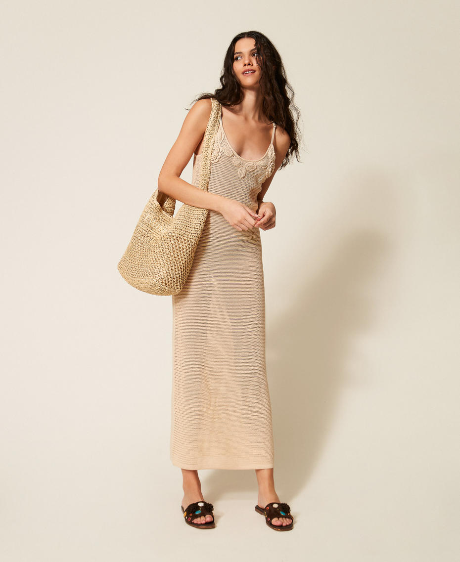 Langes Strickkleid im Netz-Dessin &bdquo;Cashew&ldquo;-Beige Frau 261AT3020_13362_T0