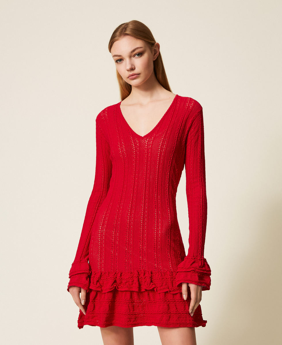 Robe courte en maille avec volants Rouge V&eacute;nitien Femme 252TP3180_00740_01