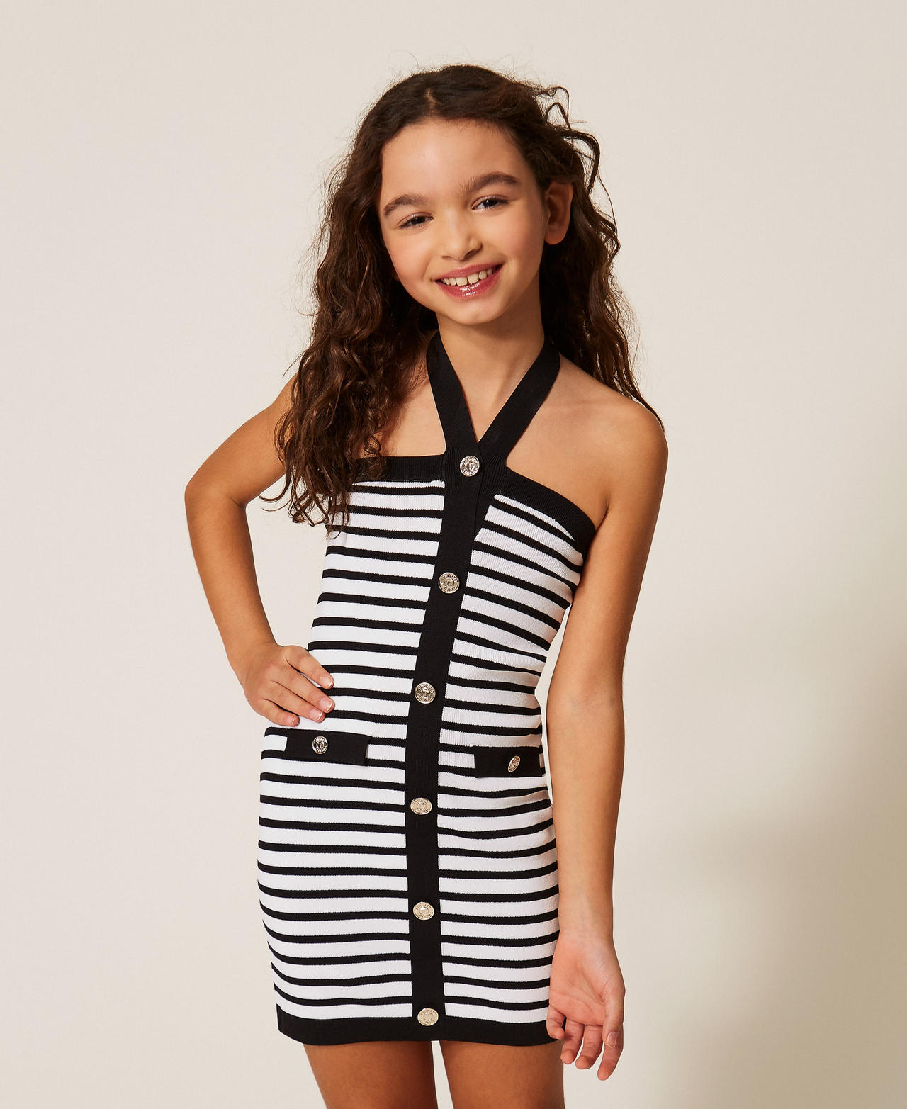 Short striped knit dress with buttons Two-tone Black / Off White Stripe Girl 261GJ3061_11008_02