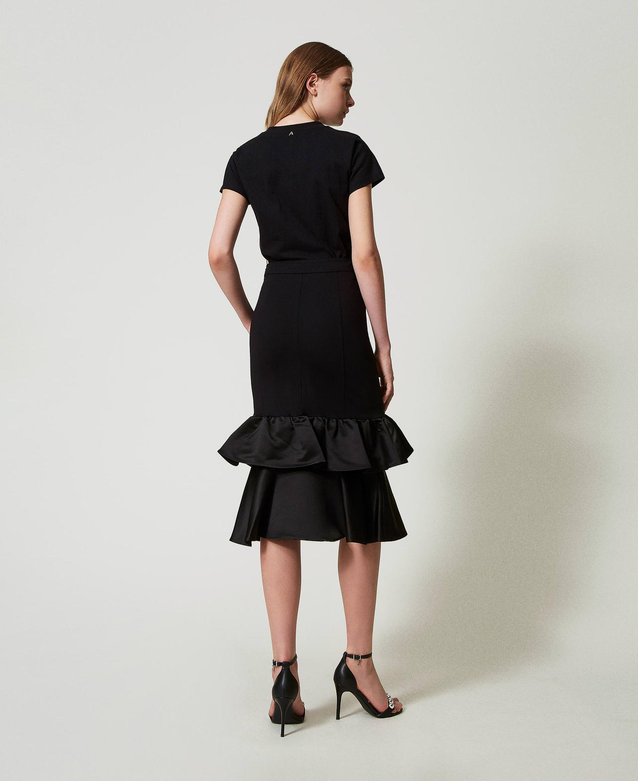 Midi skirt with satin flounces