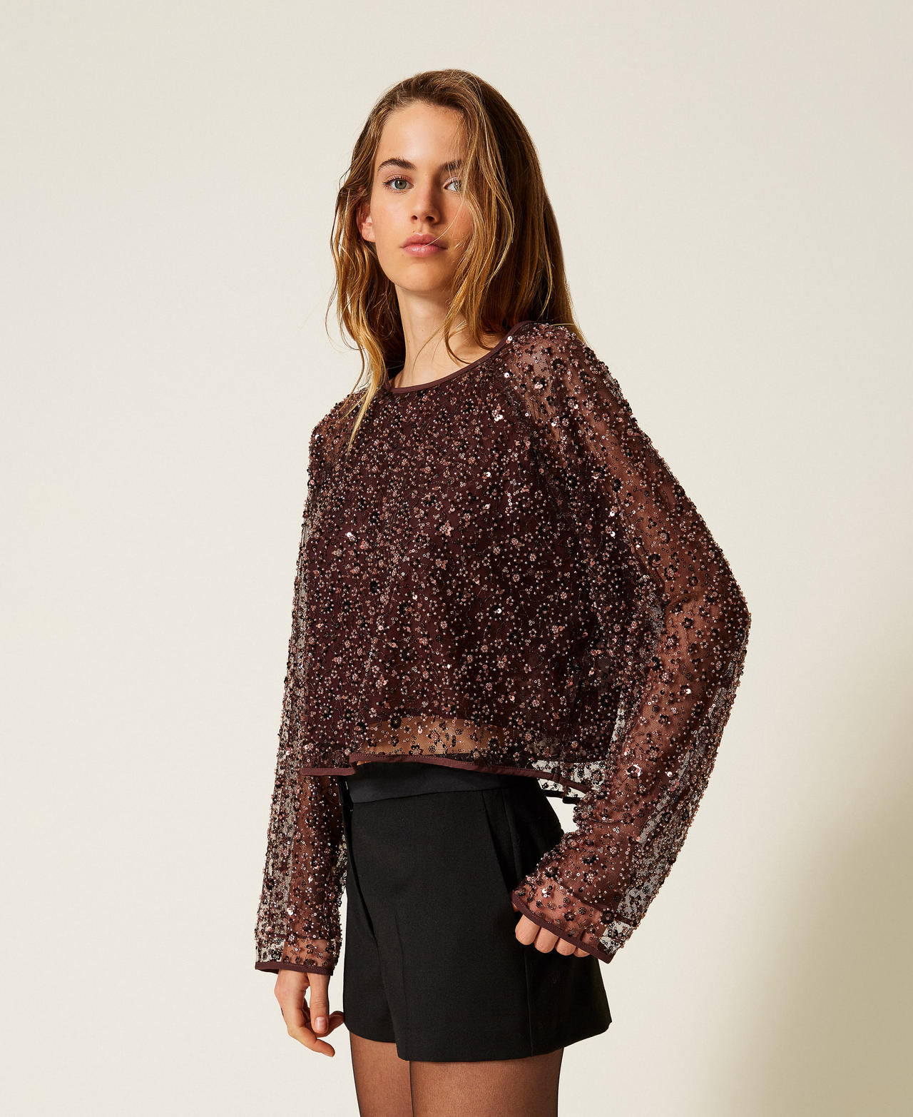 Tulle blouse with sequins Hot Chocolate Woman 252AP2272_12562_02