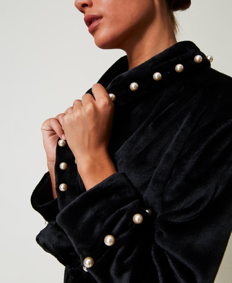 Faux fur dressing gown with pearls Black Woman 242LL2FAA_00006_04