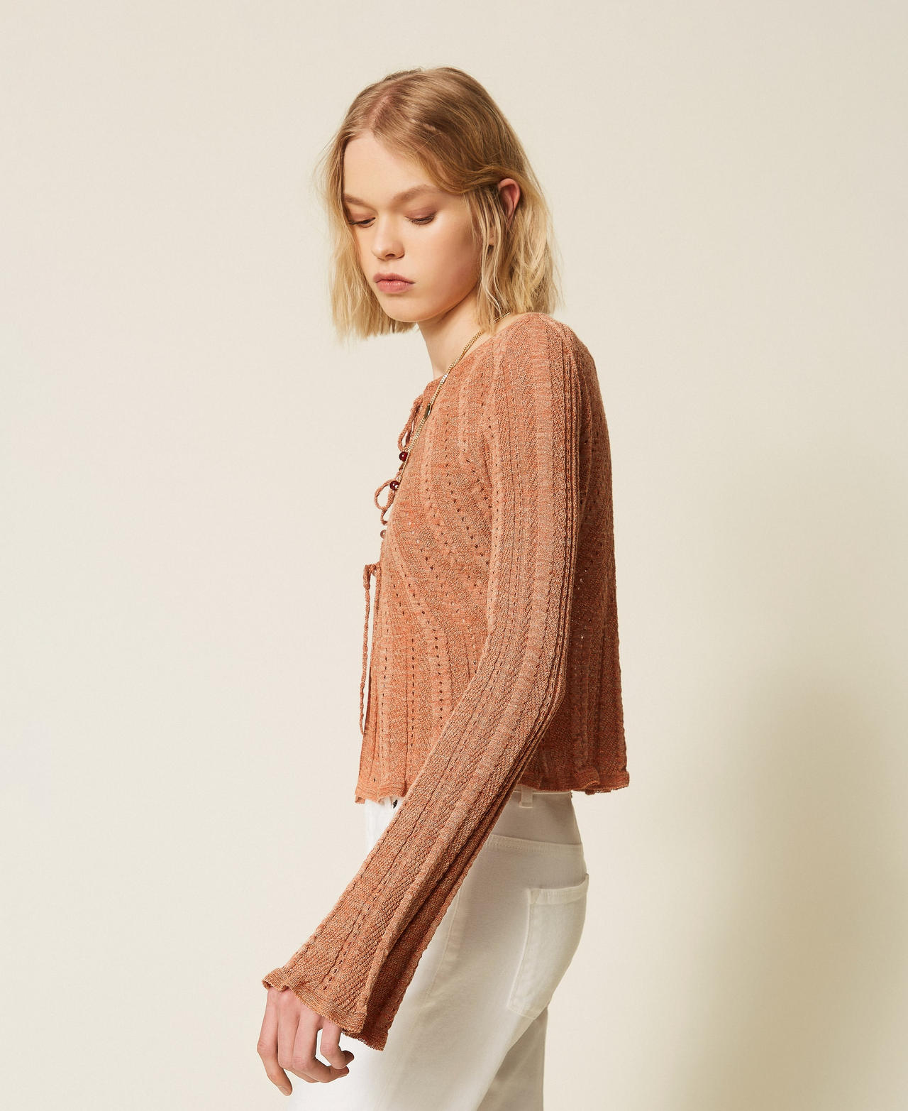 Cardigan aus Leinenstrick mit Lurex Salmon Rose Scuro Lurex Frau 261TT3214_13567_02