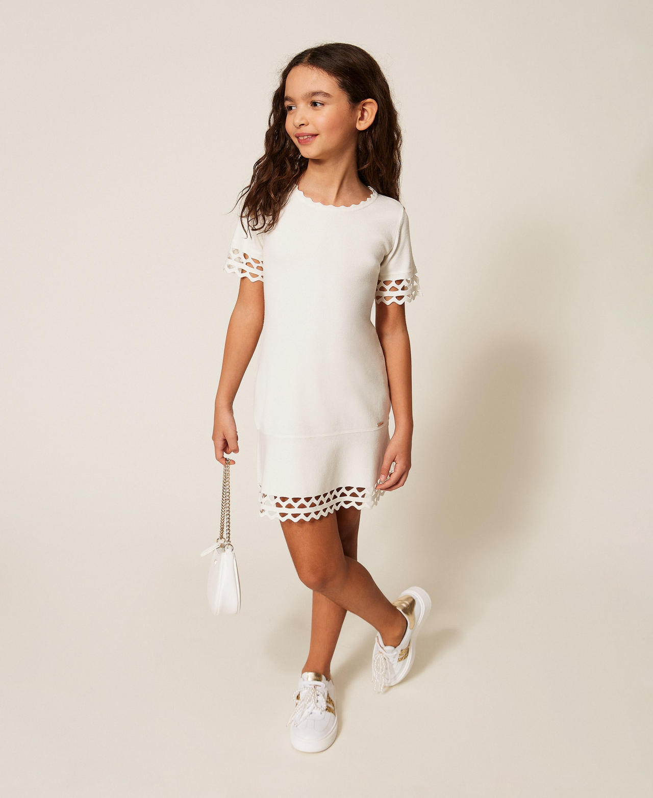 Twinset Girls Off White Short Openwork Knit Dress With Zig-Zag Pattern