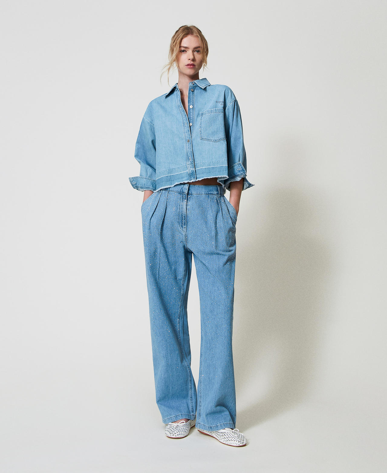 Denim shirt with studs Woman, Light blue | TWINSET Milano
