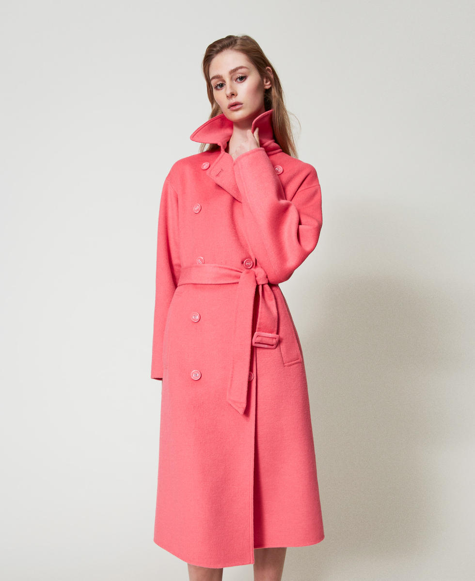Cappotto Donna Invernale Lungo Misto Lana - Giacca A Vento Scozzese Rosa Con Tasche
