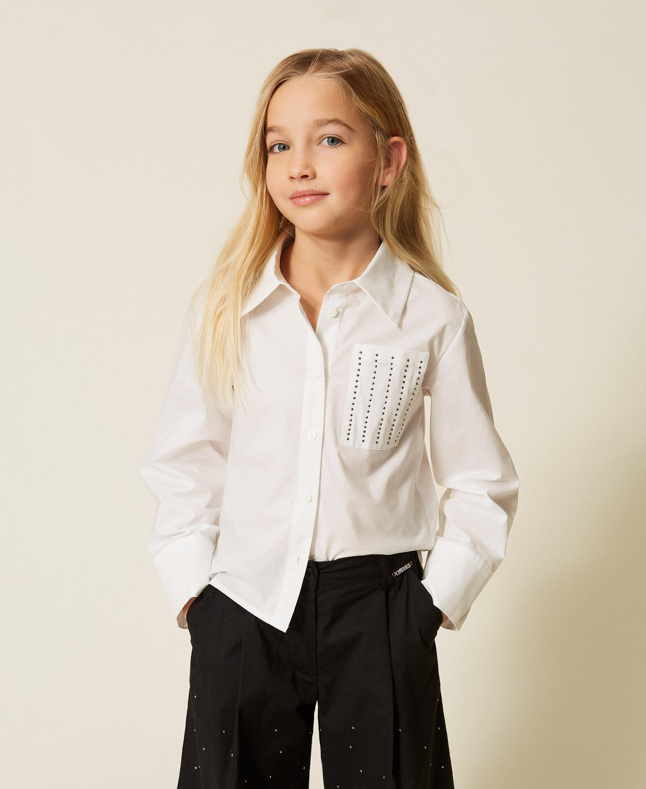 Twinset Girls Off White Poplin Shirt With Studs