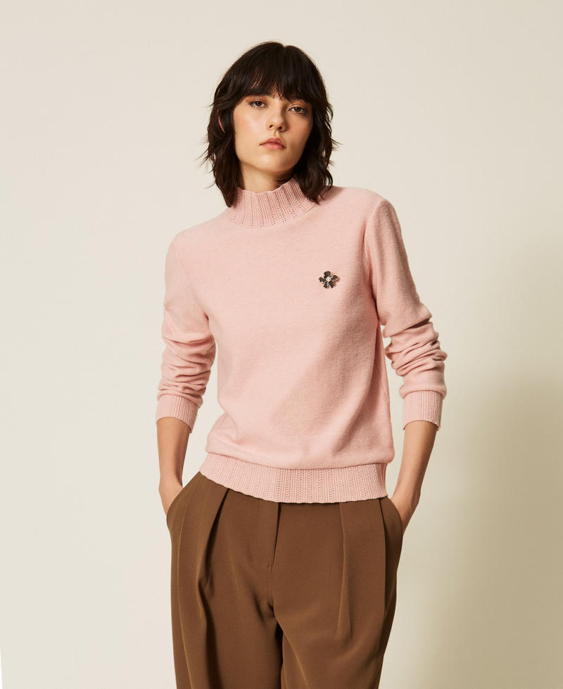 Turtleneck jumper with brooch Powder Rose Woman 262LI3BAA_13678_01