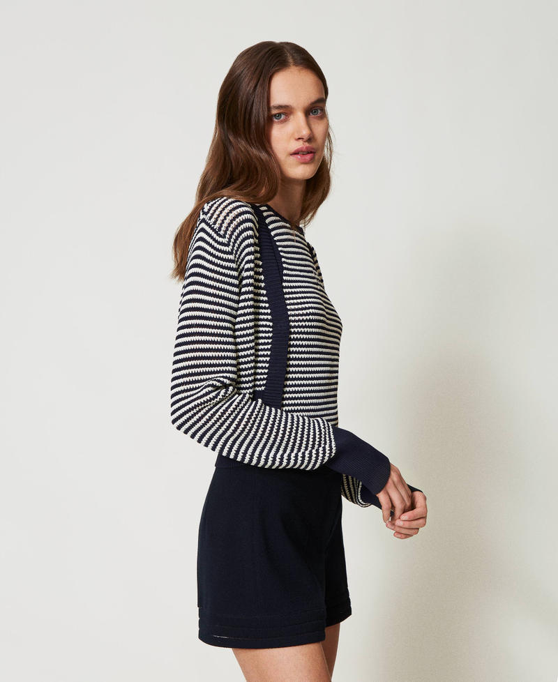 Striped knit cardigan and top with Oval T Two-tone Snow/Blue Night Woman 251TP3320_12261_02
