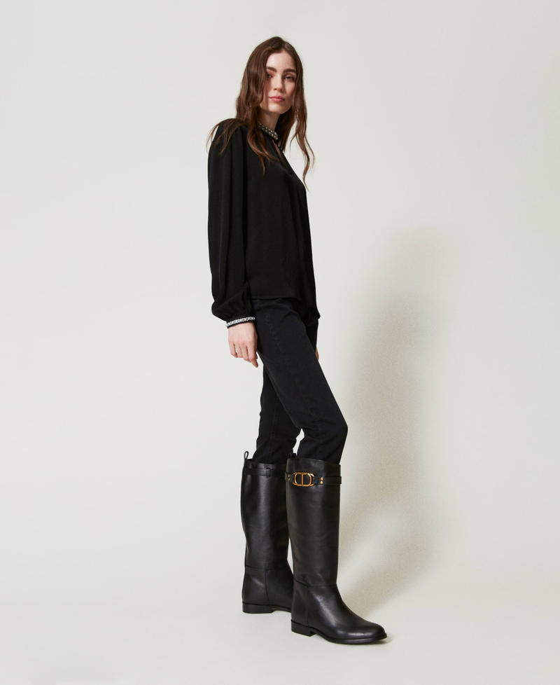 High leather boots with Oval T Woman Black TWINSET Milano