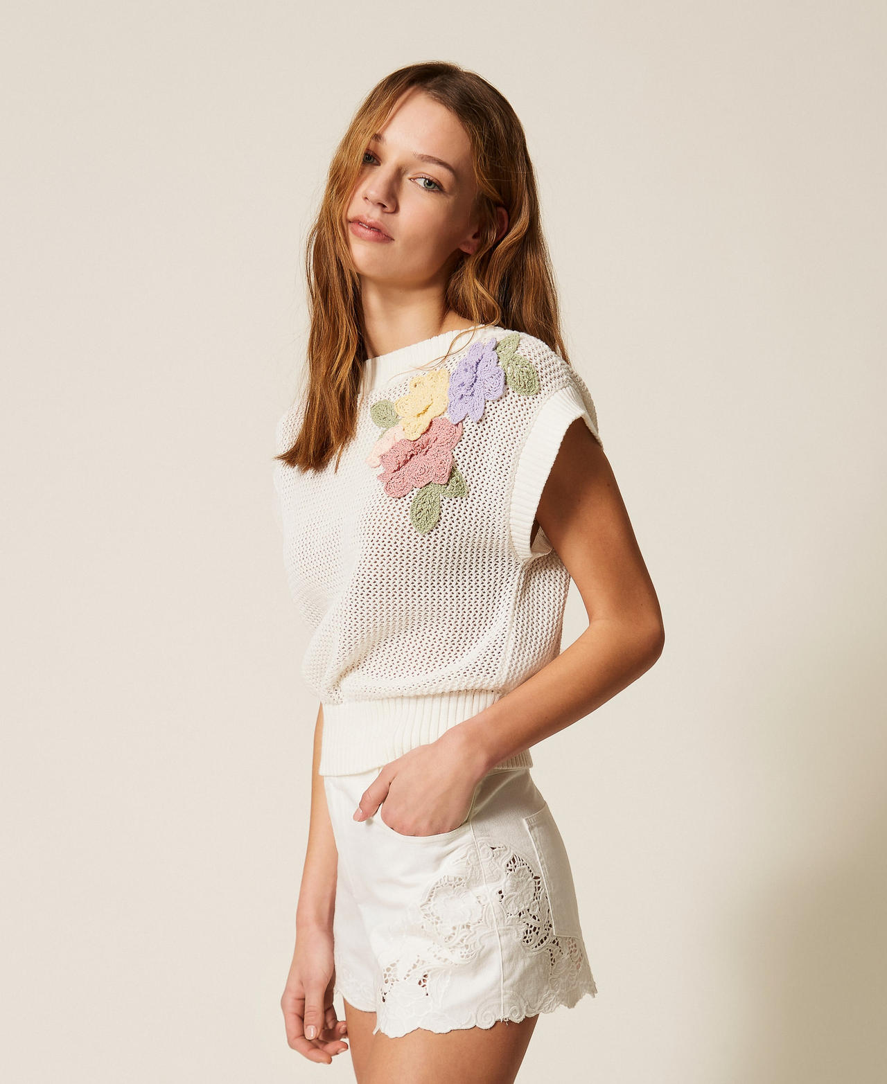 Top en maille florale Beige &laquo;&thinsp;Parchment&thinsp;&raquo; Femme 261TT3310_07222_02