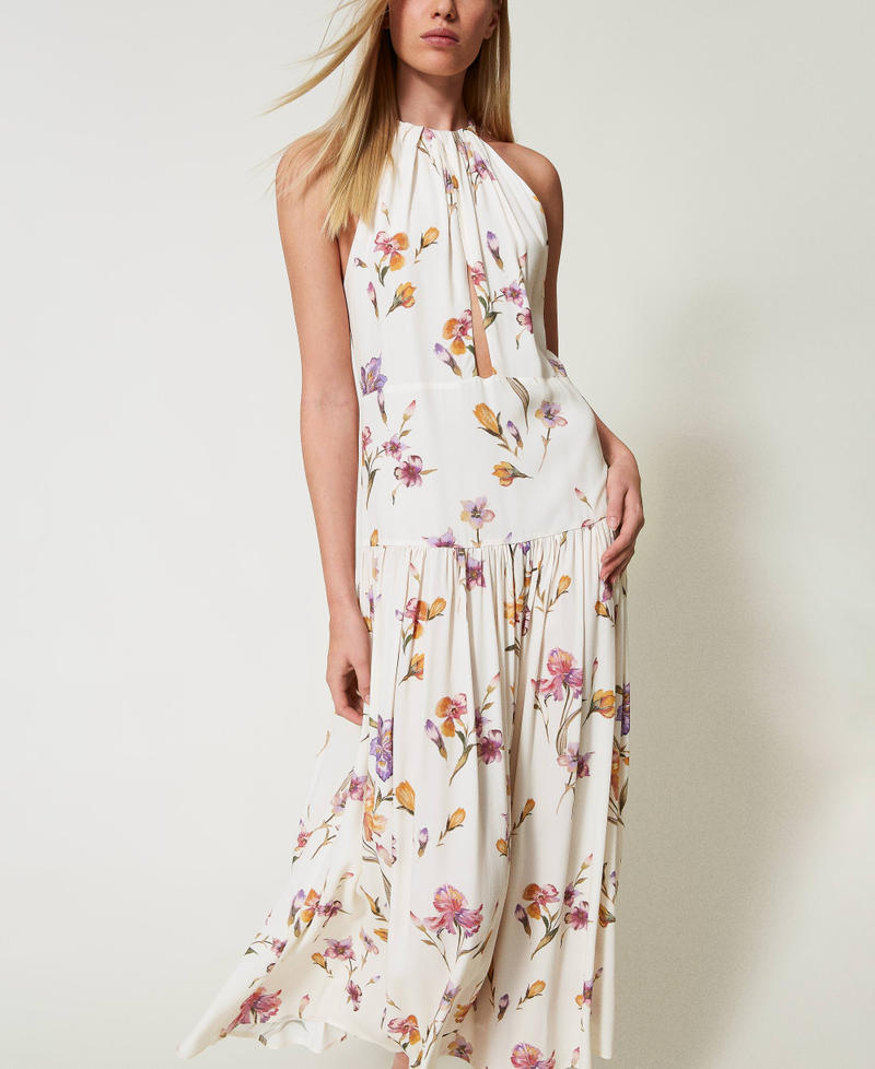 Robe longue encolure américaine en crêpe de Chine floral Imprimé Iris Multicolore/Nacre Femme 251TP2771_12329_05