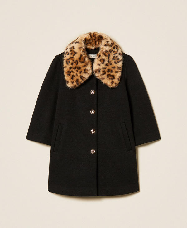 Girls' wool coat with animal print collar