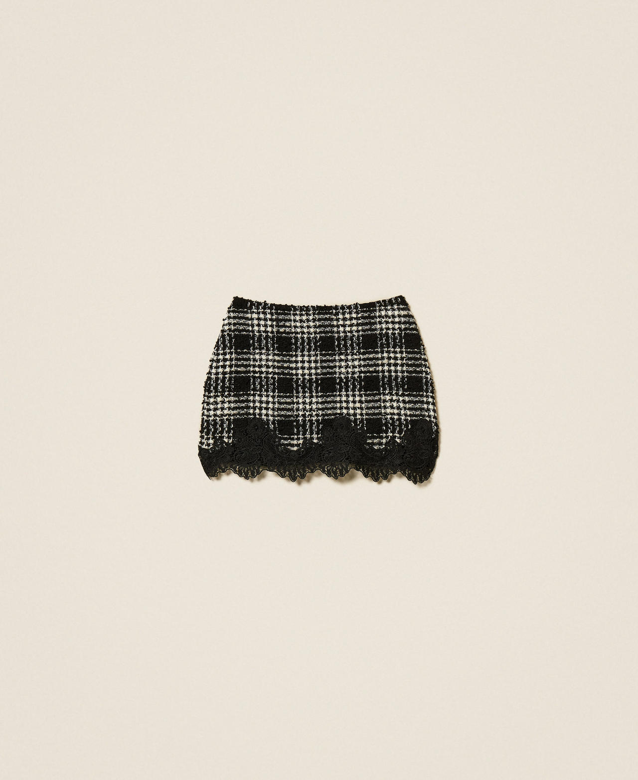 Boucl&eacute; check miniskirt Black/Snow White Big Check Woman 252TT2112_12876_S0