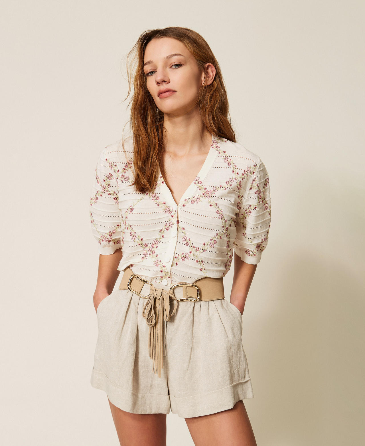 Cherry print cardigan Delicate Geometries Pastel Print Woman 261TT3270_13589_01