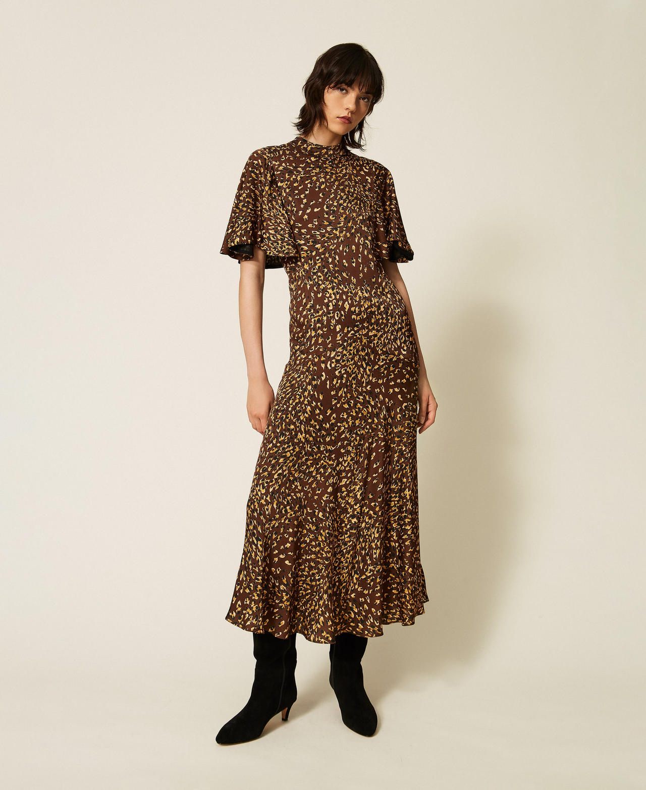 Long animal print satin dress Brown/Gold Animal Print Woman 262TP275D_13873_02