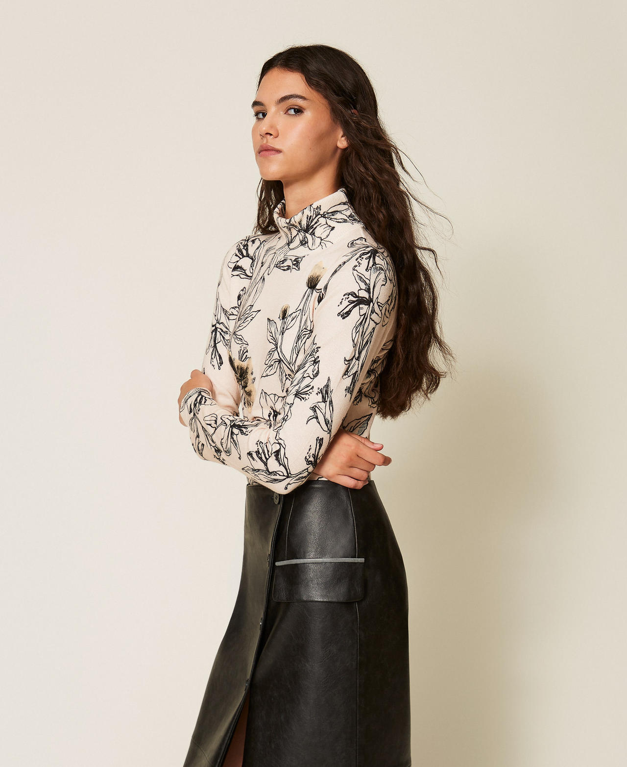 TWINSET - Pull col montant avec imprimé floral, Femme, Imprimé Lys Beige "Crystal Sand"/Noir, L