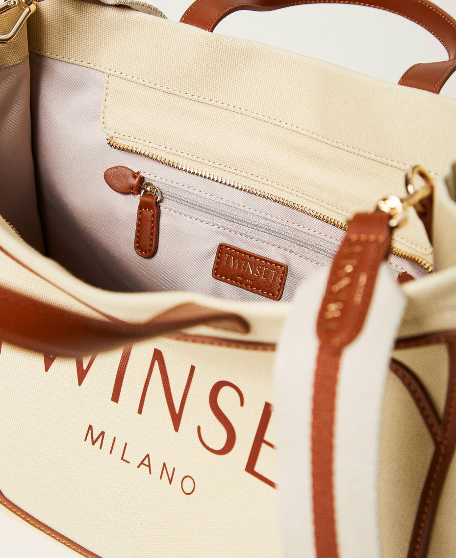Canvas shopper bag with logo Light Wood Beige Woman 251TB7081_12186_04