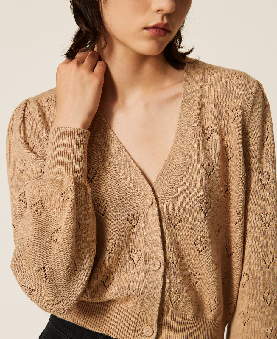 Knit cardigan with heart pattern Light "Tobacco Brown" Woman 262TP3023_13732_04