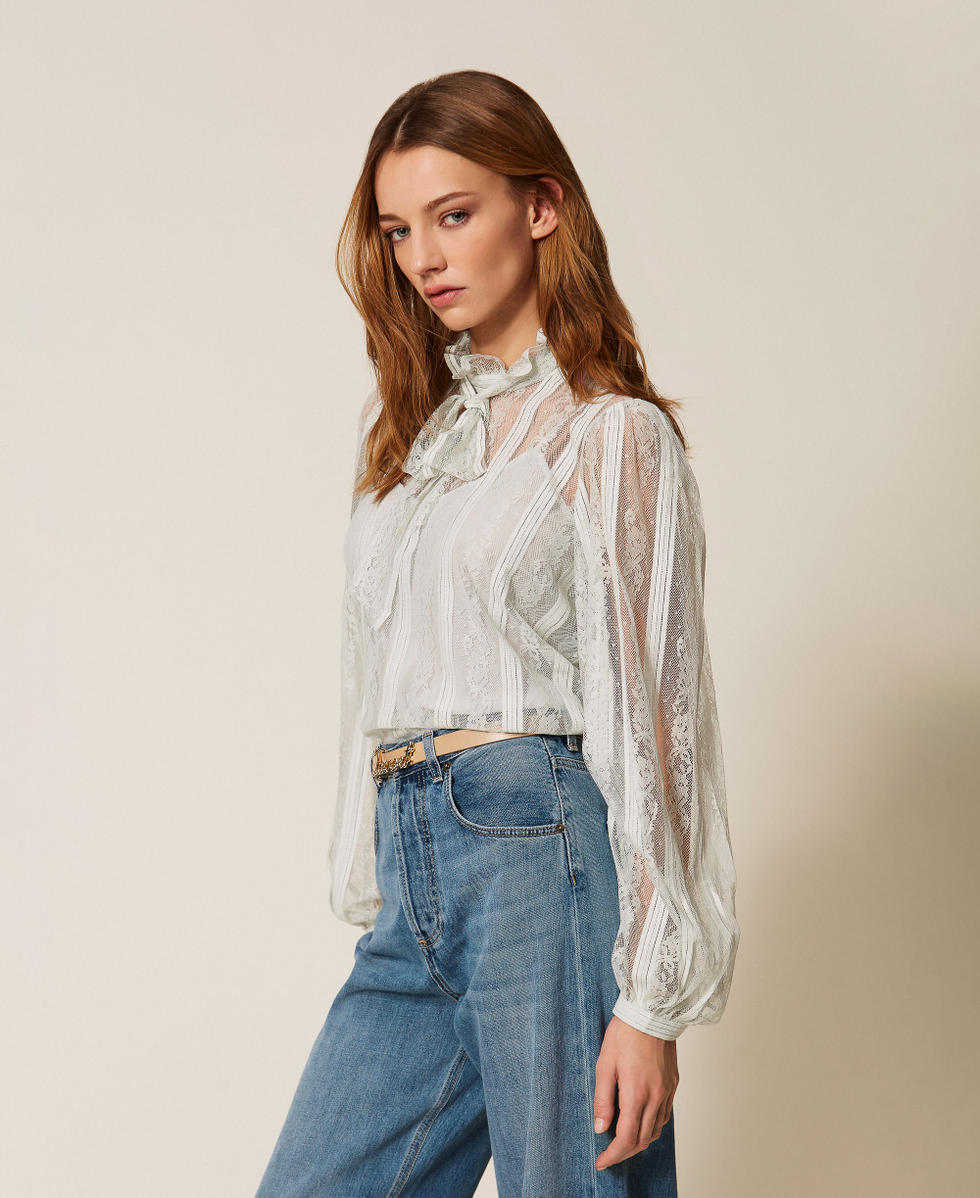 Striped lace blouse with bow Aqua Blue Woman 261TP2541_13162_02