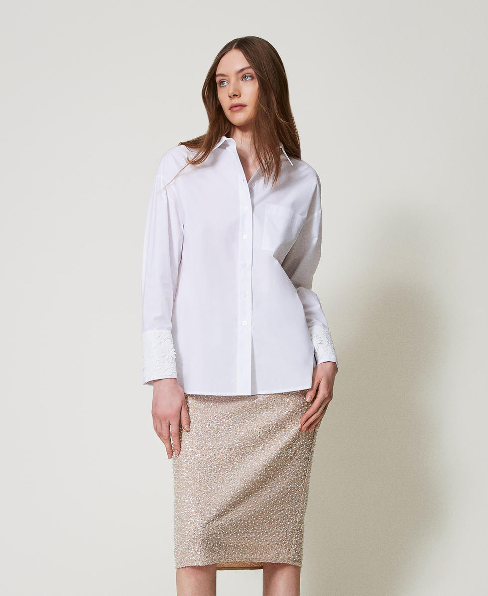 Chemise oversize en popeline avec dentelle Blanc Femme 251TP2280_00001_05
