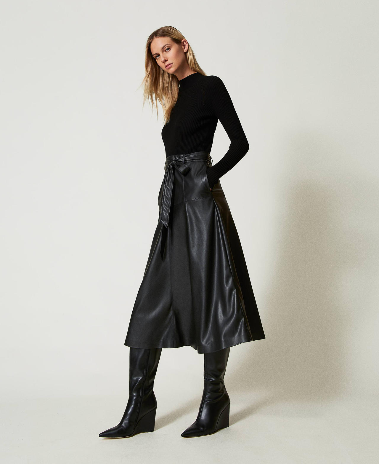 Knit and coated fabric midi dress Black Woman 242TT3080_00006_02