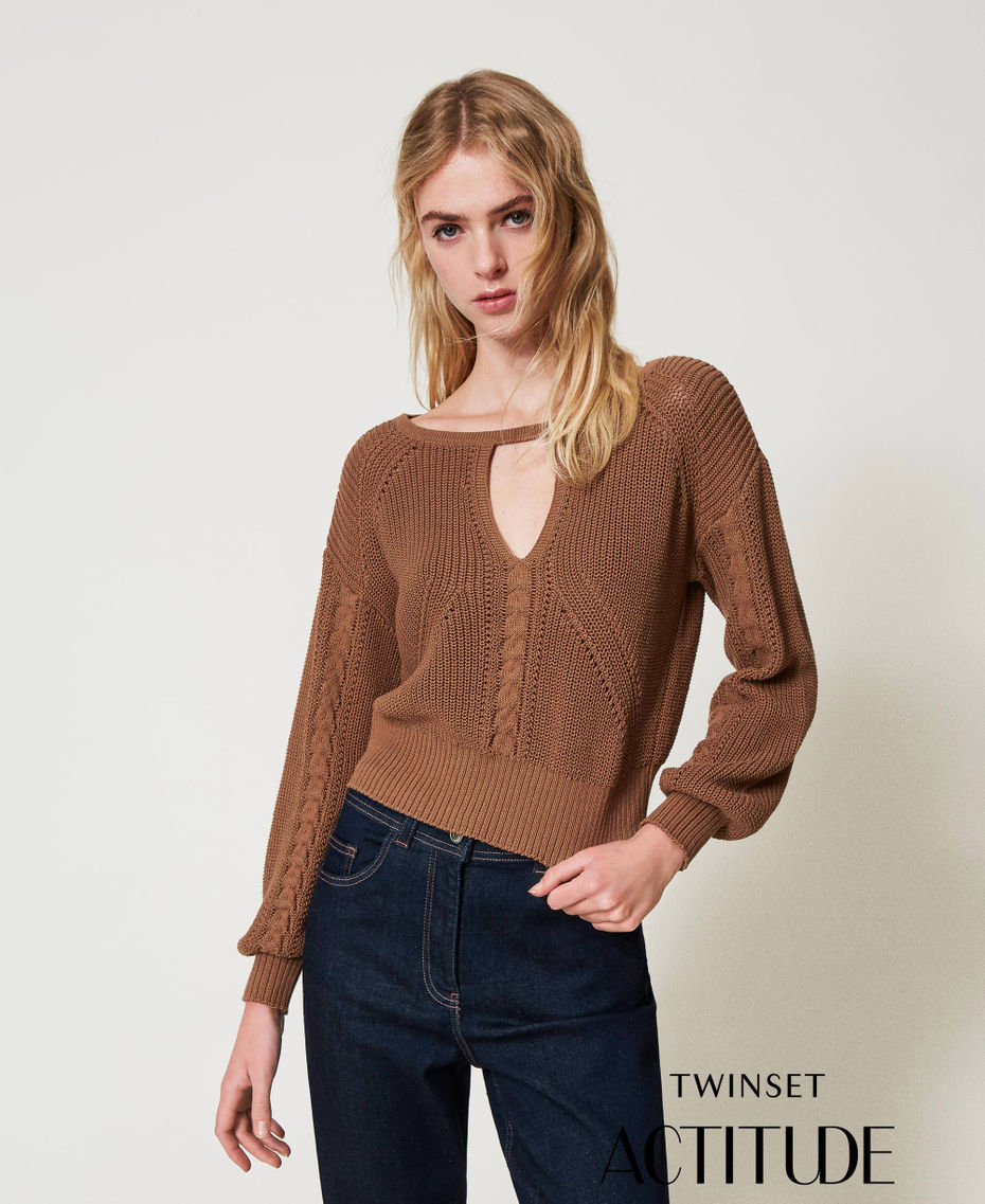 Cable knit jumper with cut-out Dark Juta Woman 251AP3182_12116_PA