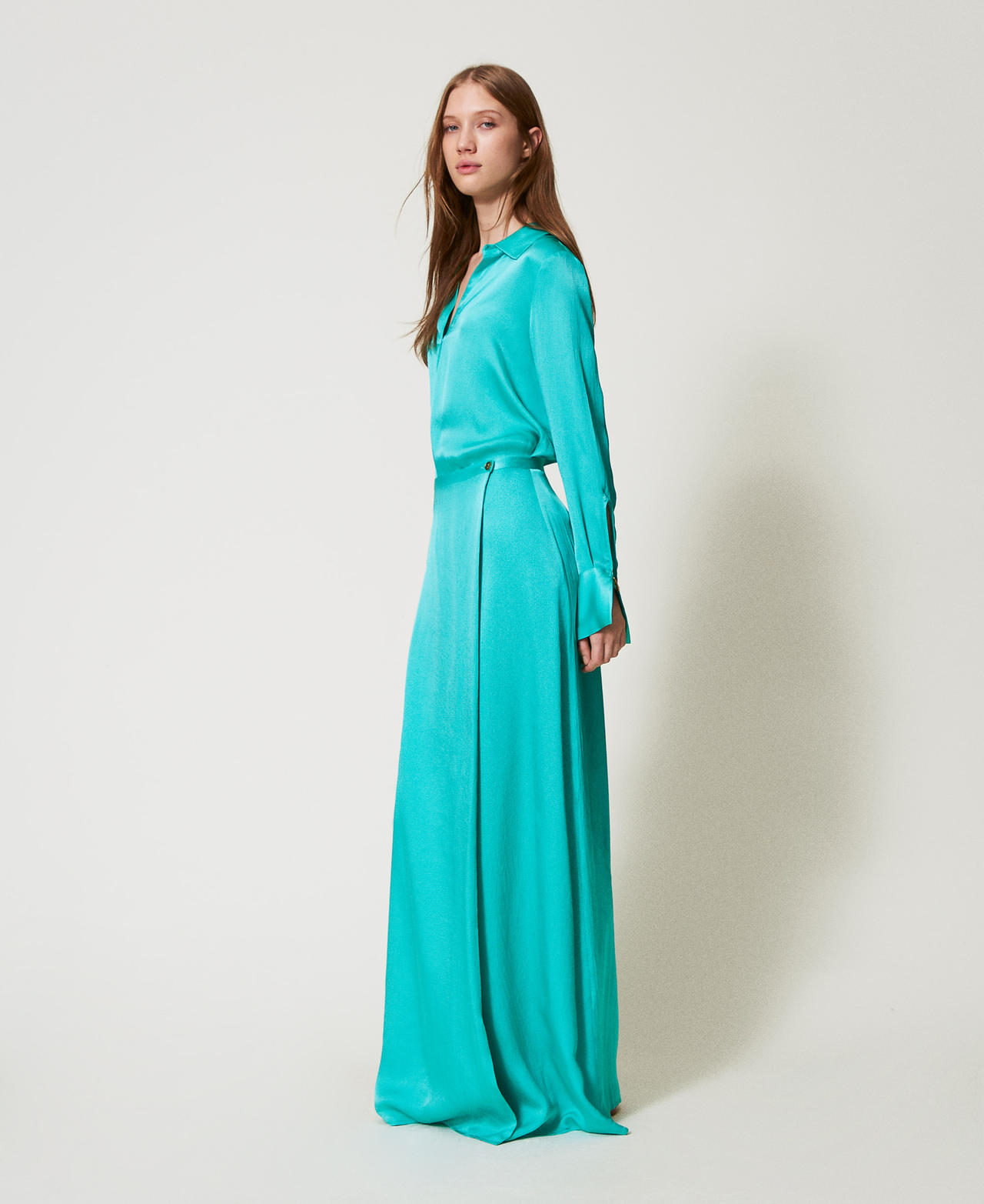Long satin wrap-around skirt Emerald Sea Woman 251TE2043_12146_02