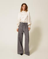 Pantalon rayé en laine mélangée Pinstripe Gris Chiné/Blanc « Neige » Femme 252TT2440_13038_01