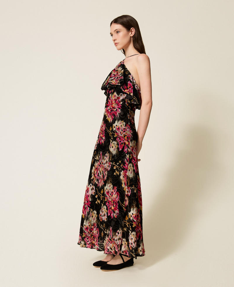 Silk blend velvet floral dress Black/Magenta Floral Print Woman 252TS2330_13099_02