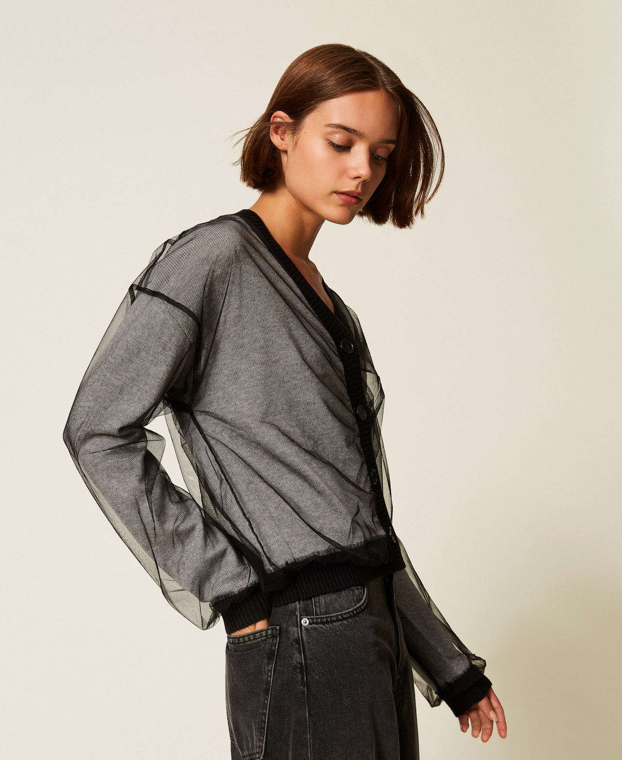 Cardigan en maille doublée de tulle Noir / Gris Chiné Femme 252LI3PAA_04033_02