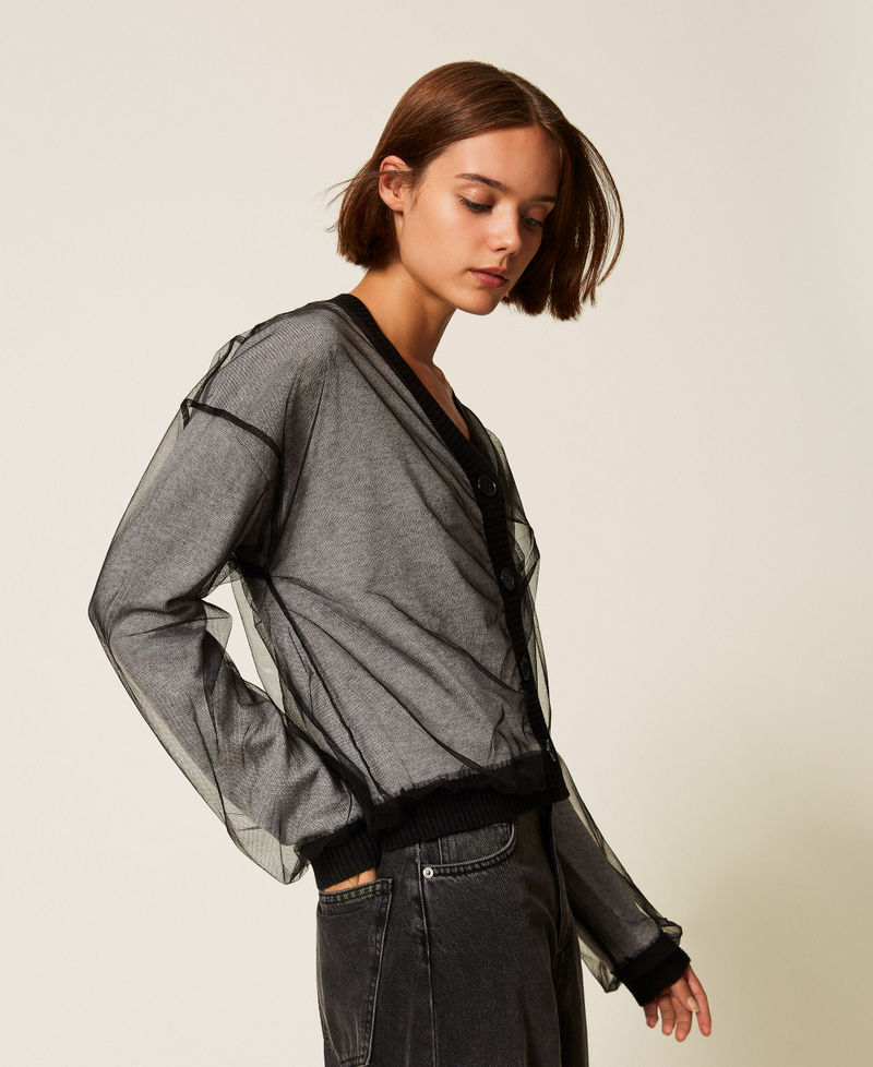 Cardigan en maille doublée de tulle Noir / Gris Chiné Femme 252LI3PAA_04033_02