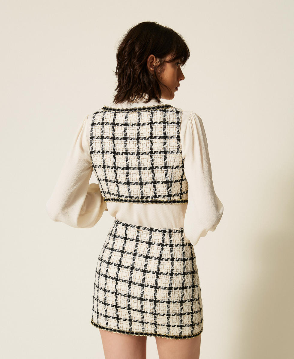 Short boucl&eacute; top with check pattern Grey/Black/Gold Check Boucl&egrave; Woman 262TP2753_13859_03