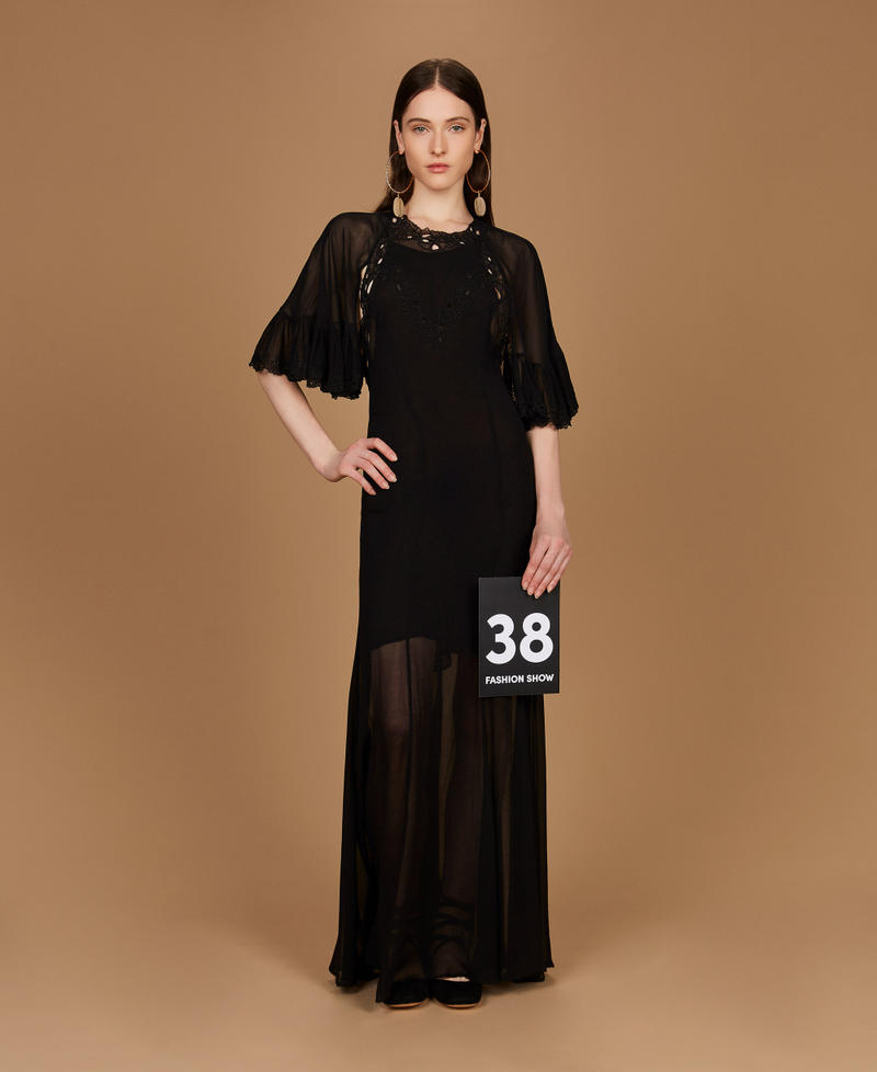 Robe longue en cr&ecirc;pe georgette avec broderie Noir Femme 252TS2293_00006_PS