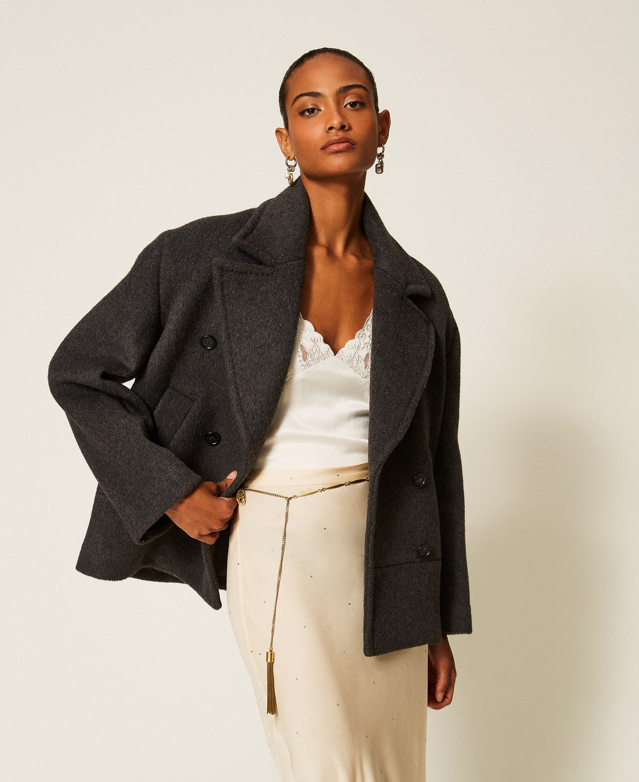 Caban en drap de laine m&eacute;lang&eacute;e Gris Anthracite Chin&eacute; Femme 262TT2471_12840_01