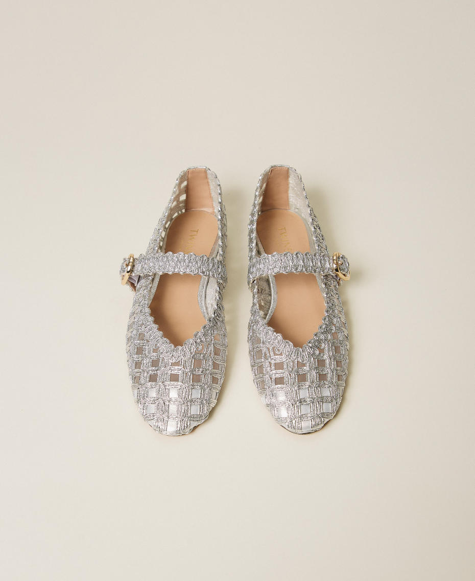 Ballet flats with strap and embroidery Silver Woman 261TGT074_00995_04