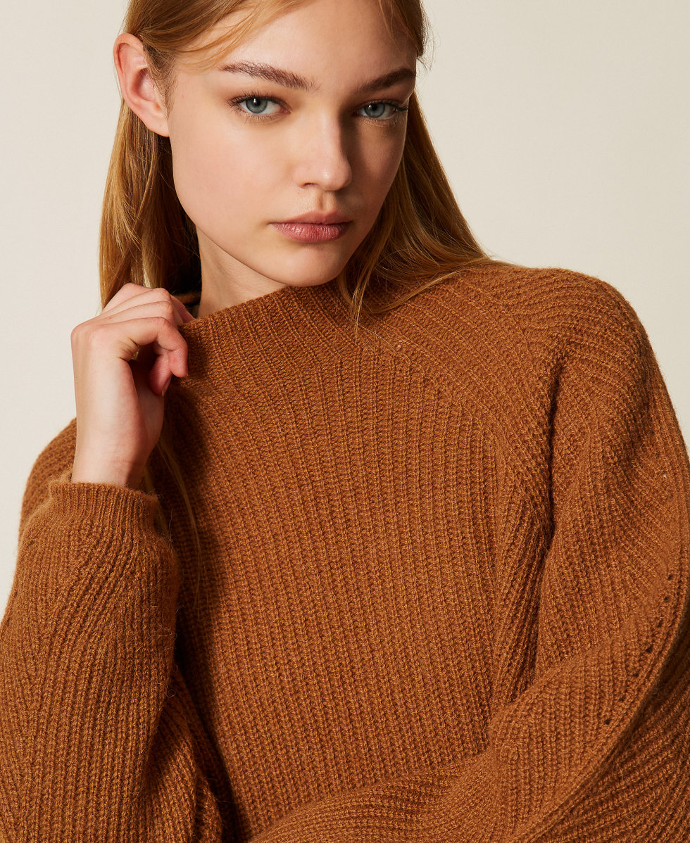 Wool blend turtle neck jumper with Oval T Dark Alpaca Brown Woman 252TT3064_13006_PD