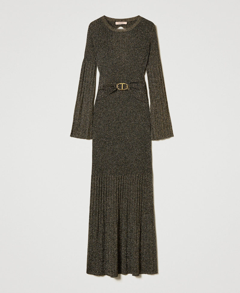 Long rib knit dress with Oval T belt Two-tone Black / Dark Gold Woman 242TT3460_12028_S0