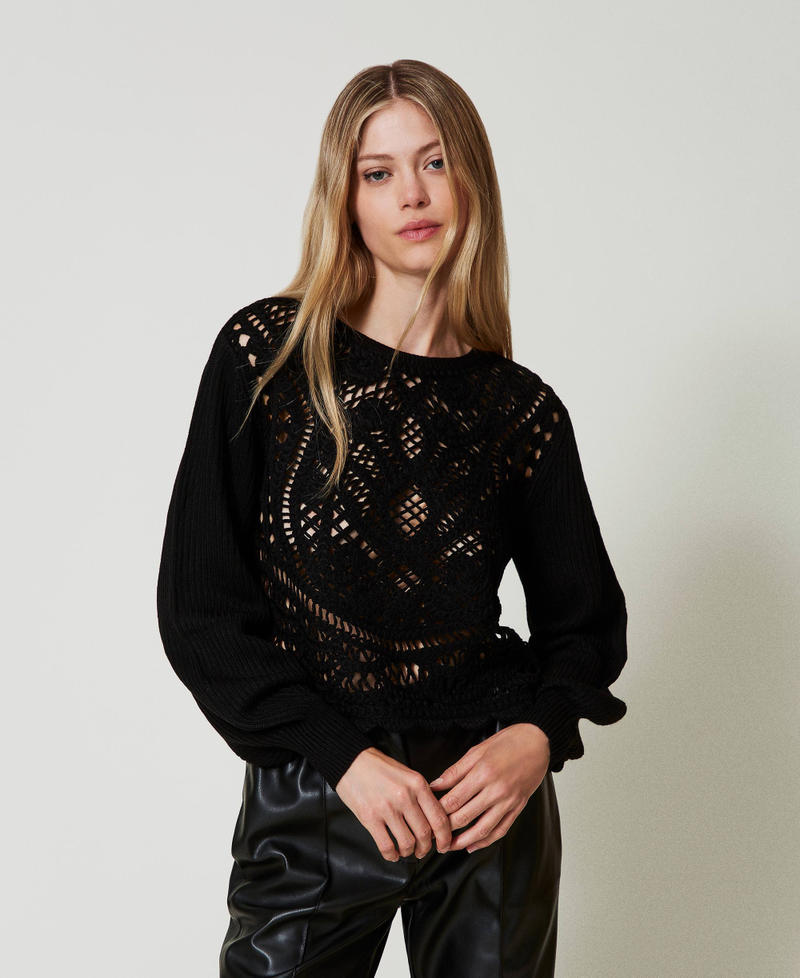 Maglia in misto lana crochet Nero Donna 242TP3471_00006_01