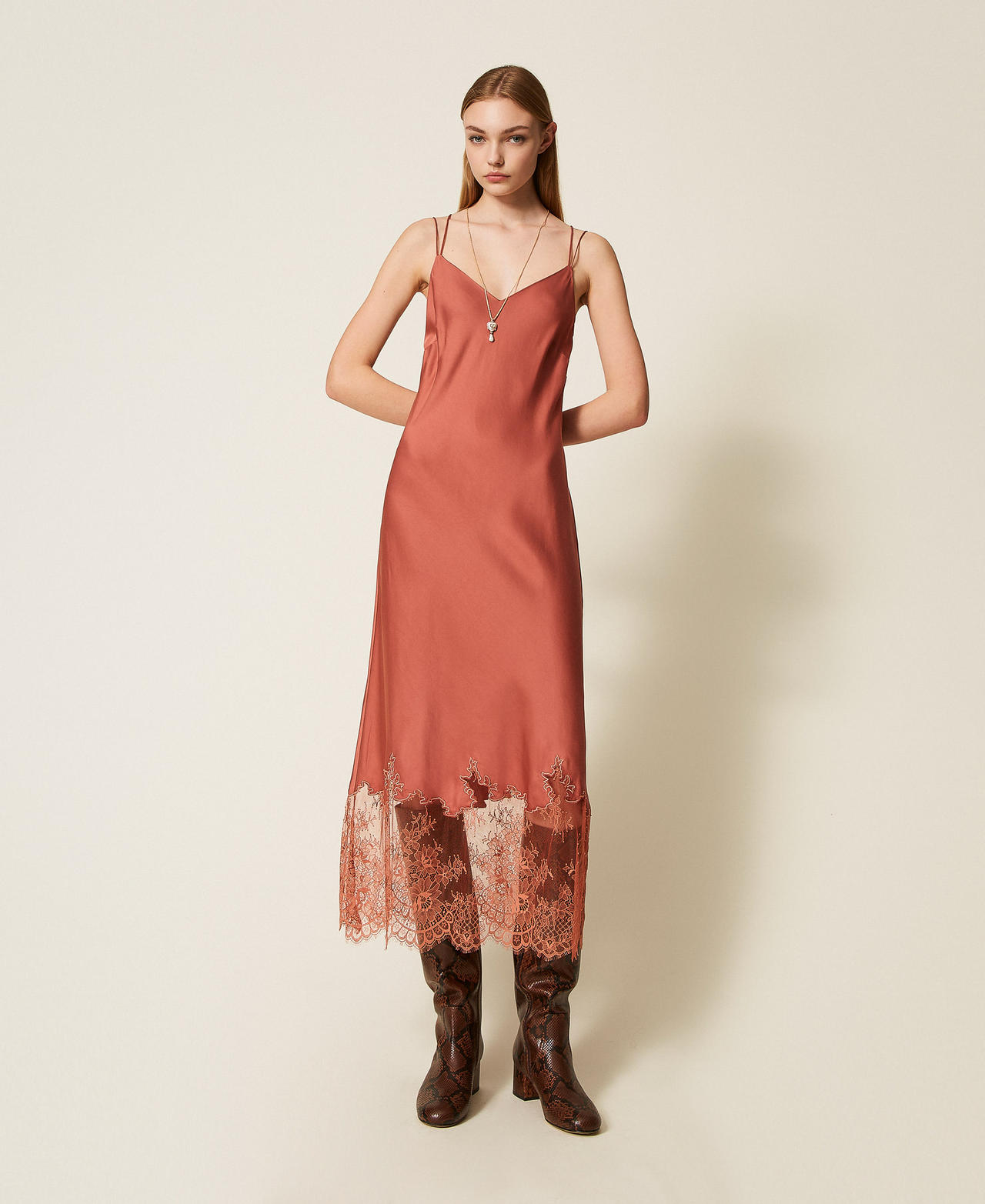 Midi satin and lace dress Rust Brown Woman 252TP2390_12608_01