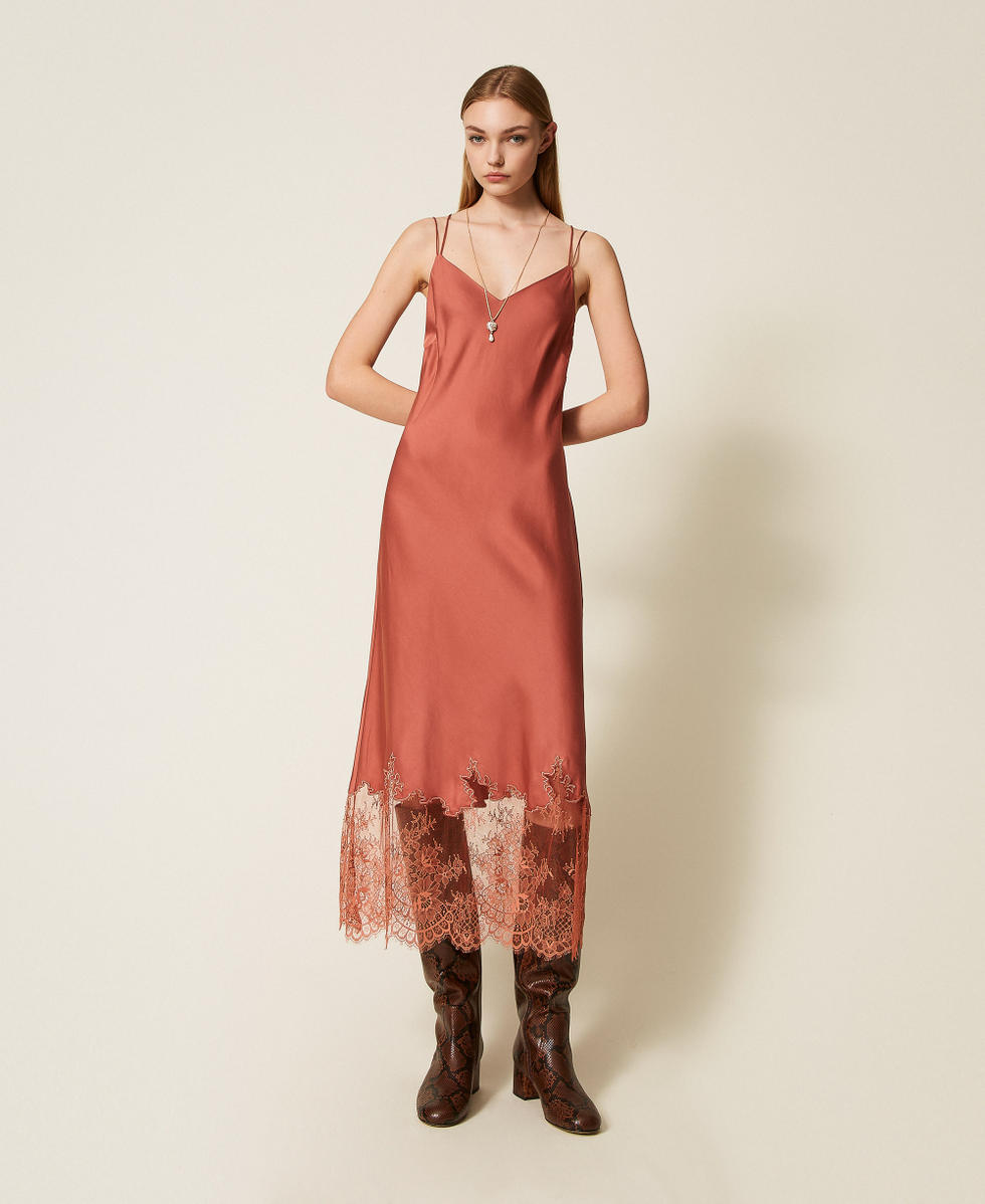 Midi satin and lace dress Rust Brown Woman 252TP2390_12608_01