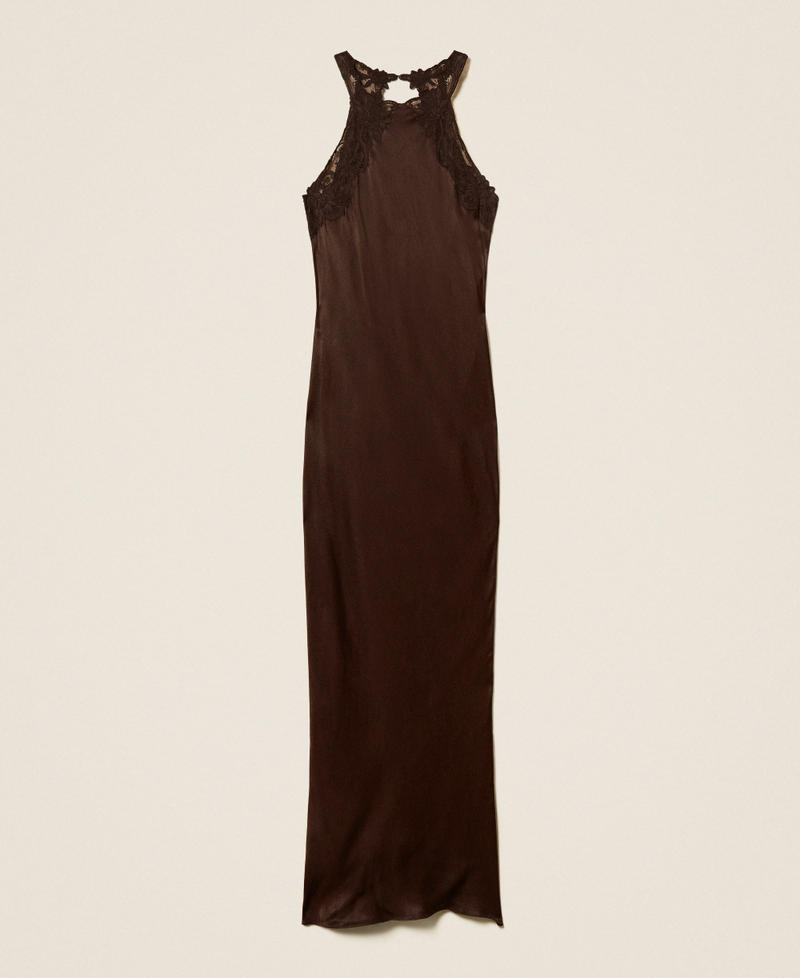 Long satin halter dress with embroidery Black Chocolate Woman 252TT2240_11054_S0