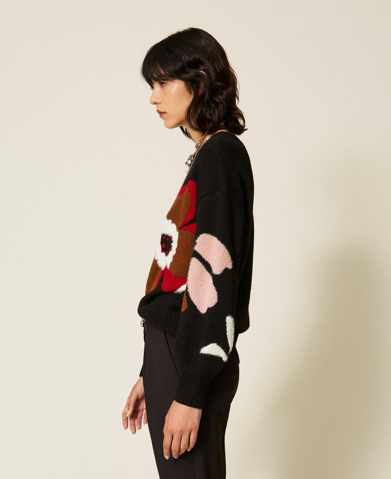 Pullover mit Blumenintarsie Einlegearbeit Blume Schwarz / Kirsche Frau 262AT3021_14117_02