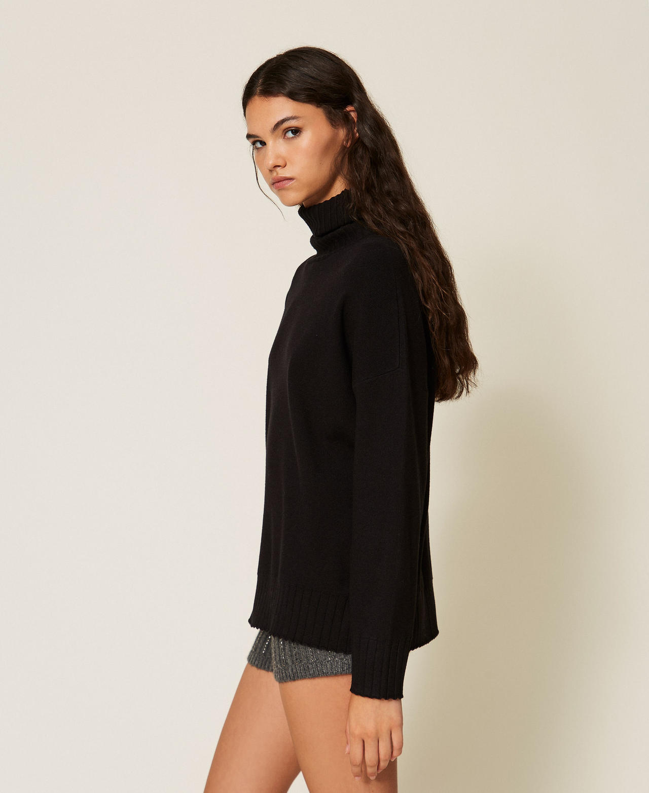 TWINSET - Pull col roulé fluide, Femme, Noir, XS