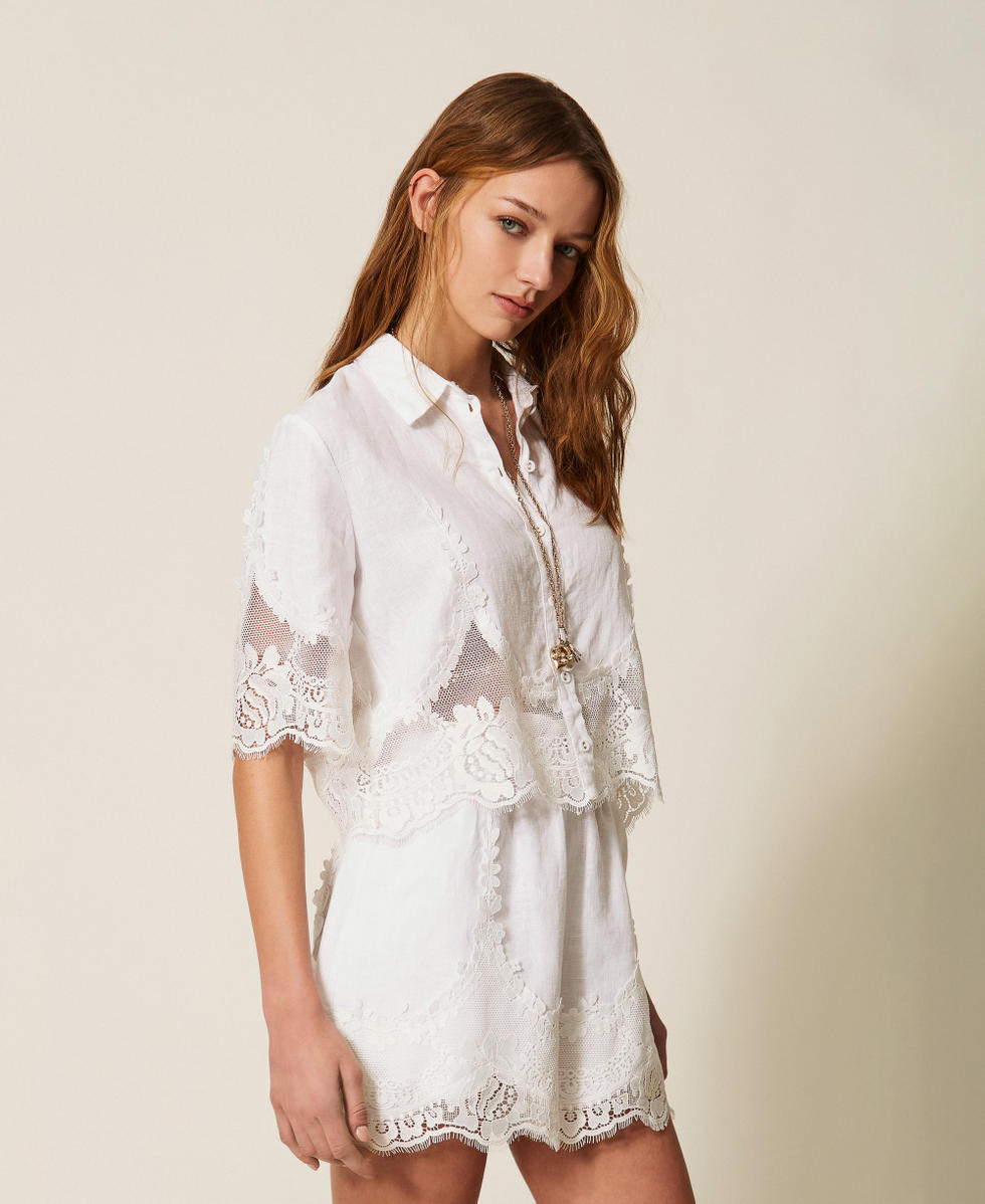 Shorts aus Leinen mit Spitze Wei&szlig; Frau 261TT2183_00001_02