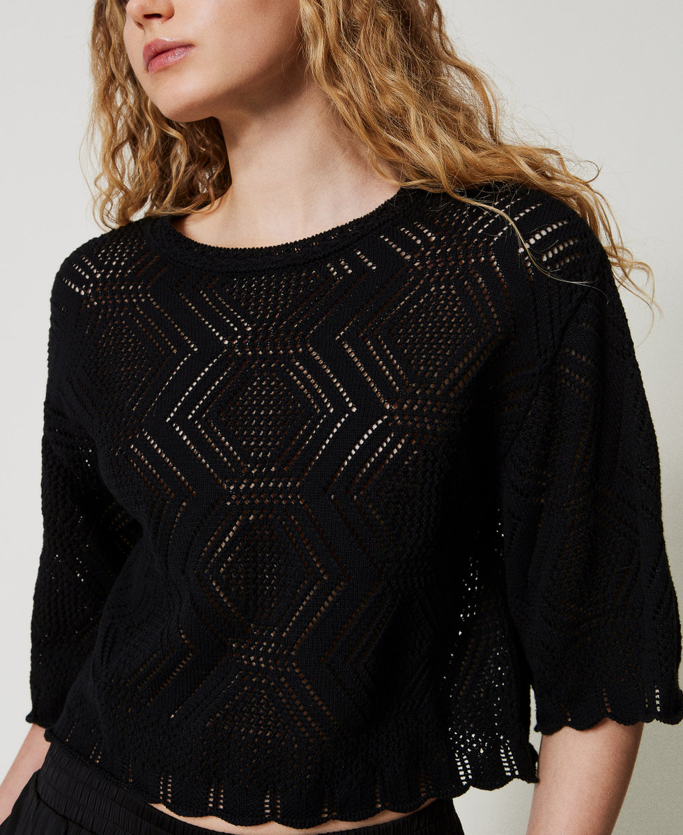 Crew neck openwork knit jumper Woman, Black | TWINSET Milano